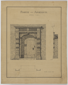 214988 Opstand, zijaanzicht en horizontale doorsnede van de toegangspoort van het Stadsarmenhuis (Doelenstraat 12) te ...